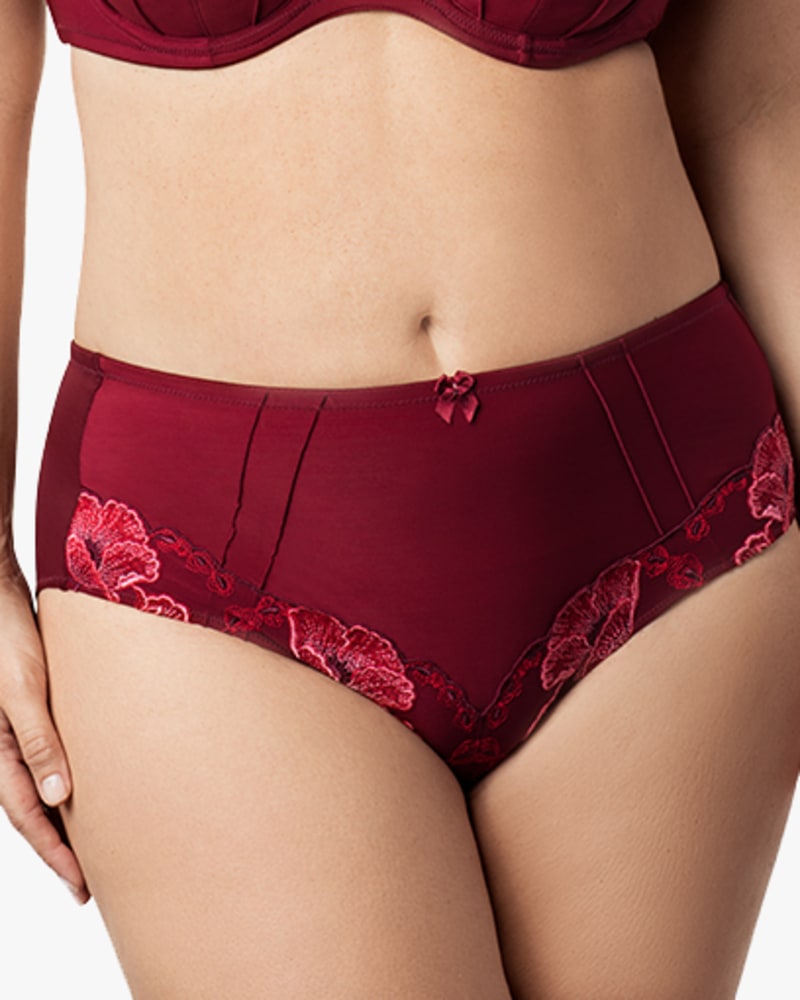 Front of a model wearing a size 2XL Glamour Panty in Burgundy by Elila. | dia_product_style_image_id:151346